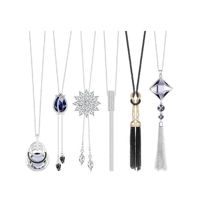6Pcs Women Long Sweater Necklace Silver Plated 
